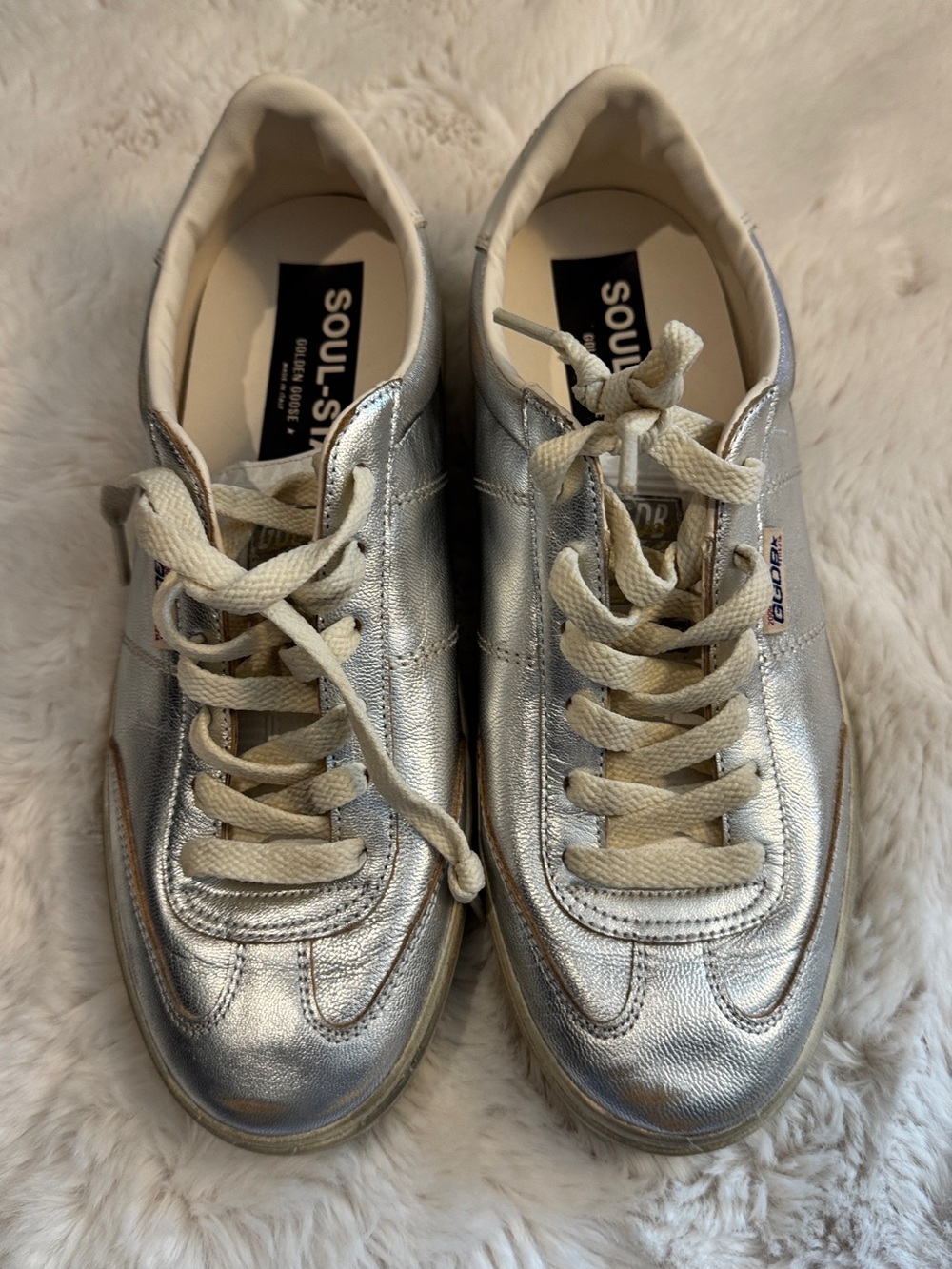 Women's Golden Goose Soul Star Silver Metallic Lace-Up Sneakers